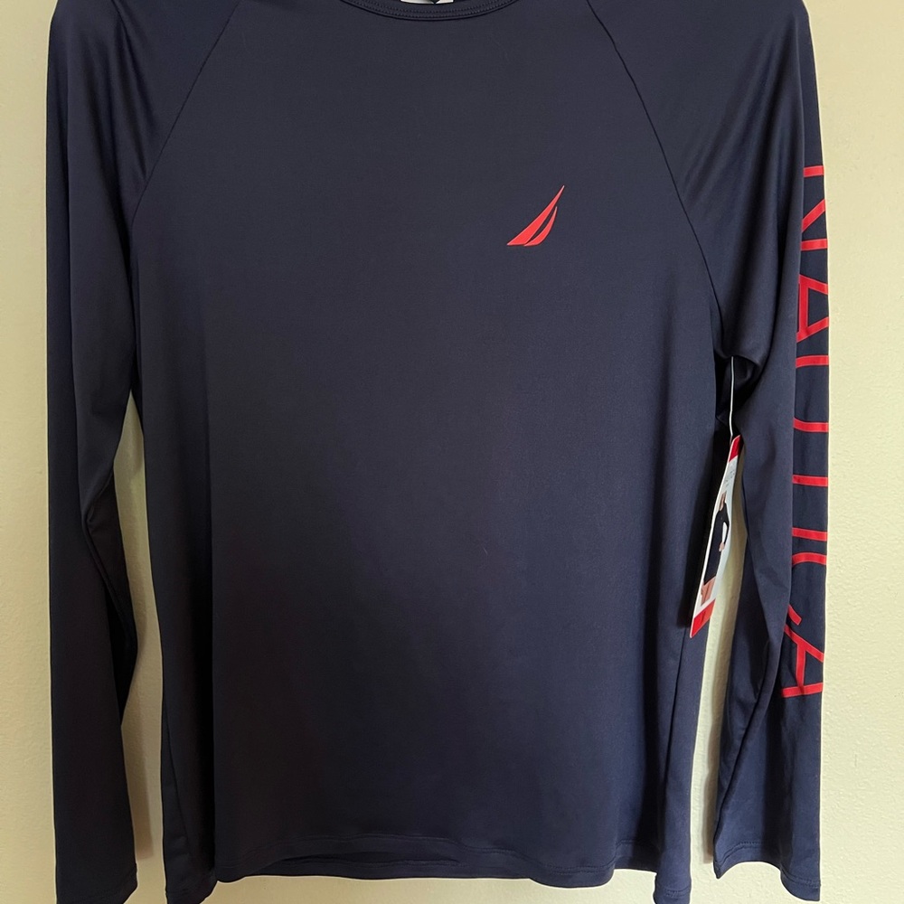 Nautica Dark Blue Long Sleeve Sun Shirt with Red Accents